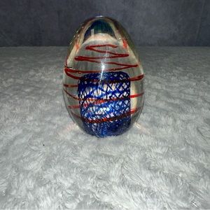Paperweight Vintage  Art Glass BLUE LATTICE RED SWIRL Egg Shaped paper weight
